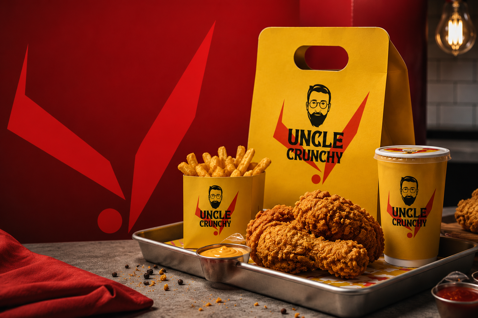 دجاج Uncle Crunchy المقرمش مع بطاطا مقلية وتغليف العلامة